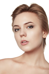 Obraz premium close up portrait beauty short hair makeup isolated white