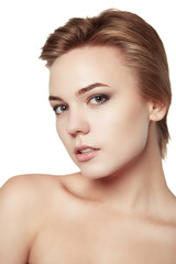 close up portrait beauty short hair makeup isolated white