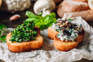 Two Bruschettas with Greens and Mushroom Sauce