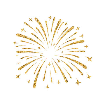 Firework gold isolated. Beautiful golden firework on white background. Bright decoration for Christmas card, Happy New Year celebration, anniversary, festival. Flat design Vector illustration
