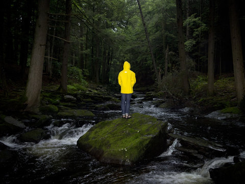 Person wearing waterproof jacket, standing on rock, watching flowing river, rear view