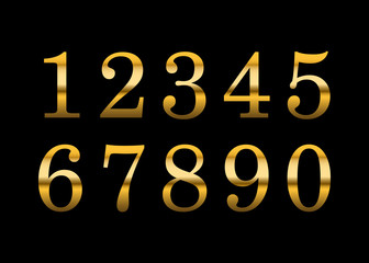 Gold 3d metallic numbers set. Golden metal texture font, isolated on black background. Luxury type symbols. Elegant typography graphic. Bright royal style typeset decoration. Vector illustration