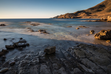 Fototapeta na wymiar Landscape on the coast of Escullos. Natural Park of Cabo de Gata. Spain.