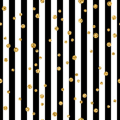 Gold polka dot on lines seamless pattern background. Golden foil confetti. Black and white stripes. Christmas glitter design decoration for card, wallpaper, wrapping, textile. Vector Illustration