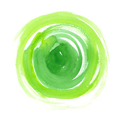 Big bright green circle painted in watercolor on clean white background