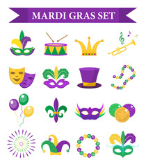 Mardi Gras carnival set  icons, design element , flat style. Collection Mardi Gras, mask with feathers, beads, joker, fleur de lis, comedy and tragedy, party decorations. Vector illustration, clip art