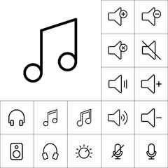 thin line music note icon on white background, audio icons set
