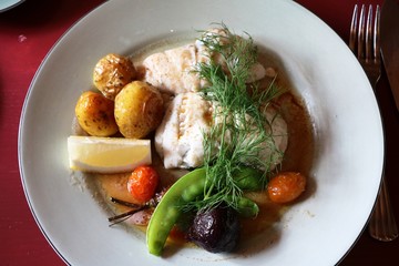 Pikeperch fillet with beetroot, potatoes and pea pods, Sweden 