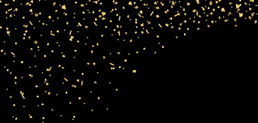 Gold bright confetti on black Christmas background. Golden decoration glitter abstract design of Happy New Year card, greeting, Xmas holiday celebrate banner. Space effect. Vector illustration