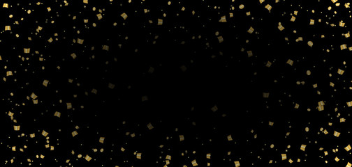 Gold bright confetti on black Christmas background. Golden decoration glitter abstract design of Happy New Year card, greeting, Xmas holiday celebrate banner. Space effect. Vector illustration