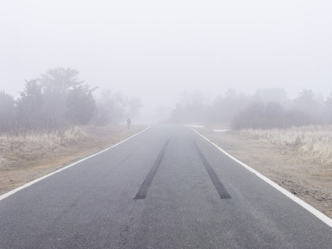 Country road with mist, person in distance trying to hitch ride