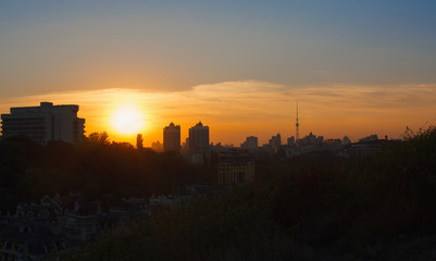 Panoramic view of the city from a hill at sunset. Kiev, Ukraine