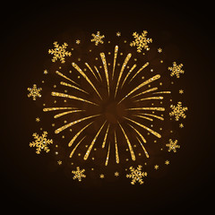 Firework gold isolated. Beautiful golden firework on black background. Bright decoration for Christmas card, Happy New Year celebration, anniversary, festival. Flat design Vector illustration