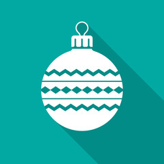 Christmas ball icon with long shadow. Flat design style. Christmas ball simple silhouette. Modern flat icon in stylish colors. Web site page and mobile app design vector element.