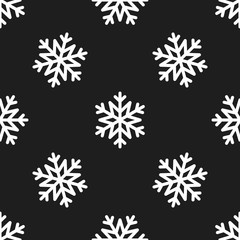 Snowflake simple seamless pattern. White snow on black background. Abstract wallpaper, wrapping decoration. Symbol of winter, Merry Christmas holiday, Happy New Year celebration Vector illustration