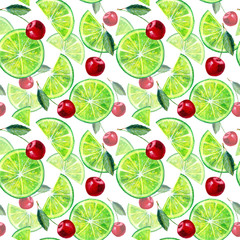 Seamless pattern of a lemon lime and cherry.Fruit picture.Watercolor hand drawn illustration.White background - 130676591