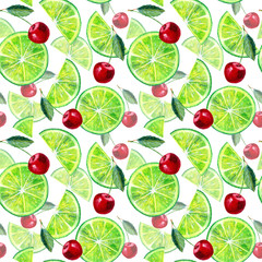 Seamless pattern of a lemon lime and cherry.Fruit picture.Watercolor hand drawn illustration.White background
