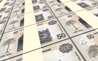 Surinamese dollars bills stacks background. 3D illustration.