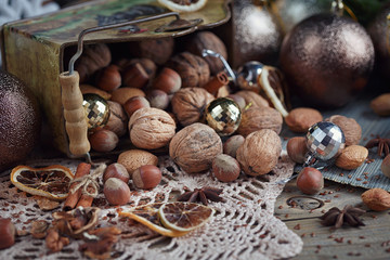 Variety of nuts in Christmas and New Year decoration