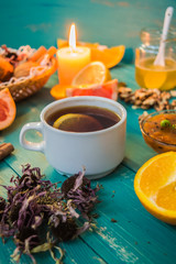 fabulous and very sweet breakfast consisting of muffins, fresh fruit  the remaining spices. Top view. Close-up