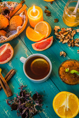 fabulous and very sweet breakfast consisting of muffins, fresh fruit  the remaining spices. Top view. Close-up