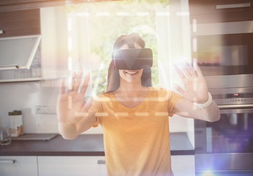 User with VR Goggles in Kitchen Mockup