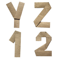 Natural brown origami folded craft eco paper alphabet (abc) letters and numbers y, z, 1, 2