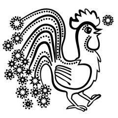 Vector illustration of rooster with stars black and white