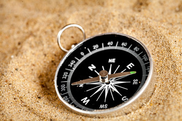 Fototapeta na wymiar concept compass in sand searching meaning of life