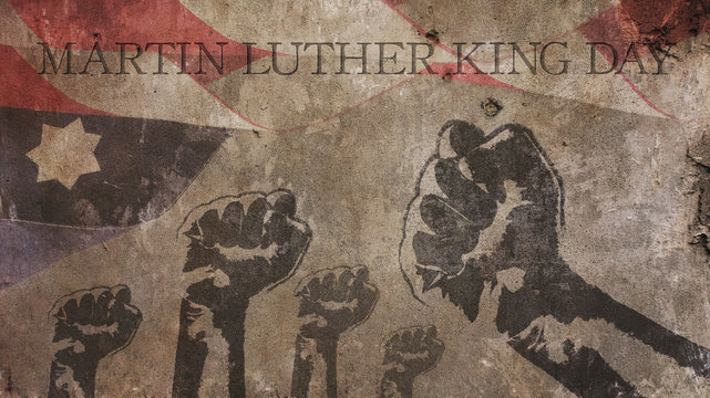 Martin Luther King Day. Flag Concrete and Fists