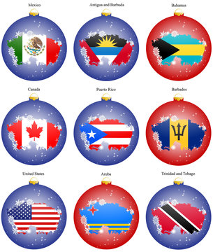 Set of icons. Christmas tree balls with flags of the North and Central America. Vector. 3D.