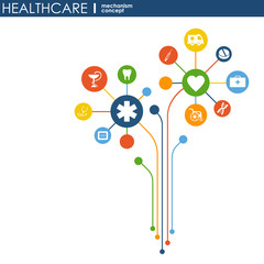 Fototapeta premium Healthcare mechanism concept. Abstract background with connected gears and icons for medical, health, strategy, care, medicine, network, social media and global concepts. Vector infographic.
