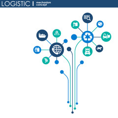 LOGISTIC mechanism concept. distribution, delivery, service, shipping, logistic, transport, market concepts. Abstract background with connected objects. Vector illustration.