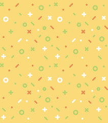 Geometric pattern with circles, dotes, pluses and crosses. Yellow background for the cover of the Memphis style or background