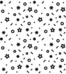 Geometric pattern with circles, stars, dotes, pluses and crosses. Black and white holyday background for the cover of the Memphis style or background
