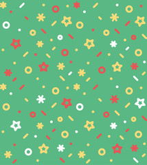 Geometric pattern with circles, stars, dotes, pluses and crosses. Green holyday background for the cover of the Memphis style or background