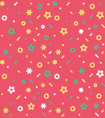 Geometric pattern with circles, stars, dotes, pluses and crosses. Red holyday background for the cover of the Memphis style or background