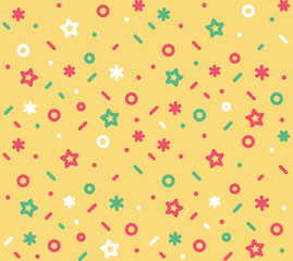 Geometric pattern with circles, stars, dotes, pluses and crosses. Yellow holyday background for the cover of the Memphis style or background