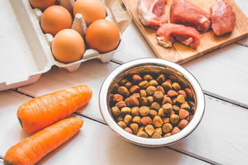 ingredients for pet food natural on wooden background