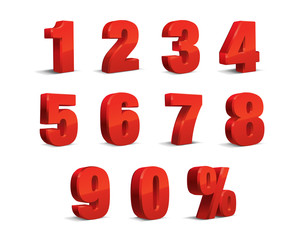 3D Red Metallic Letter. 0, 1, 2, 3, 4, 5, 6, 7, 8, 9 numeral alphabet. Vector Isolated Number.