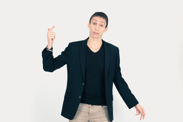 Handsome man doing different expressions in different sets of clothes: drunk