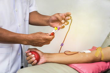 physician during transfusion blood donation unit from donor in laboratory  the hospital.