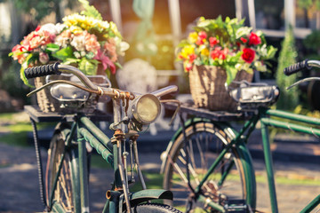 Fototapeta na wymiar close up vintage bicycle with bouquet flowers in basket in vintage tone style