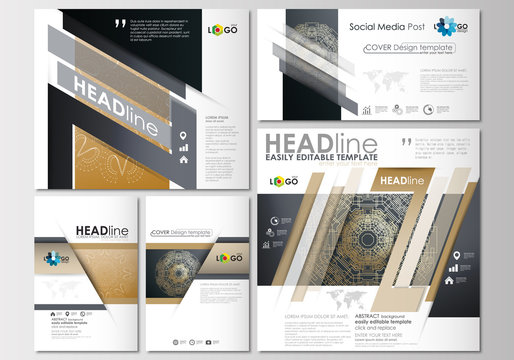 Social media posts set. Business templates. Cover design template, flat layouts in popular formats. Golden technology background, connection structure with connecting dots and lines, science vector.