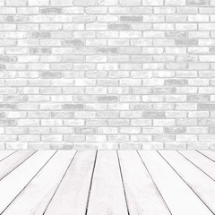 Wooden white balcony and brick wall background