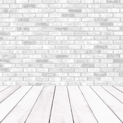Fototapeta premium Wooden white balcony and brick wall background