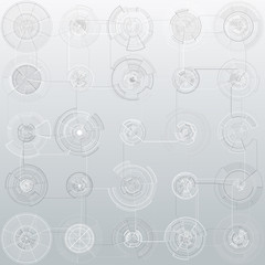 Set of abstract hud elements isolated on gray background. High tech motion design, round interfaces, connecting systems. Science and technology concept. Futuristic vector.