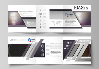 Set of business templates for tri fold square design brochures. Leaflet cover, flat layout, easy editable vector. Dark color triangles and colorful circles. Abstract polygonal style modern background.
