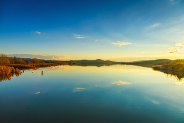 Tuscany, Santa Luce lake panorama on sunset, Pisa, Italy