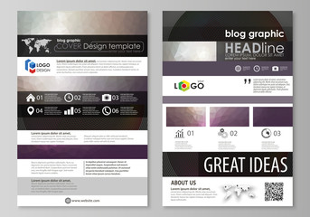 Blog graphic business templates. Page website design template, easy editable vector layout. Dark color triangles and colorful circles. Abstract polygonal style modern background.